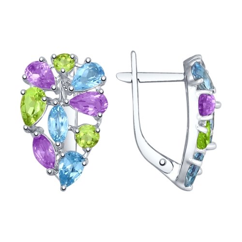 Серьги из серебра с топазом, Аметистом и хризолитом