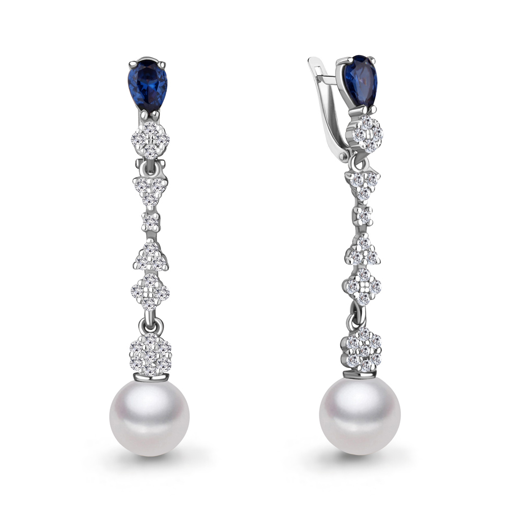 Серьги из серебра с жемчугом, сапфиром и фианитом