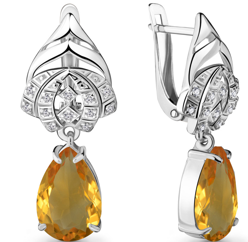 Серьги из серебра с цитрином и фианитом