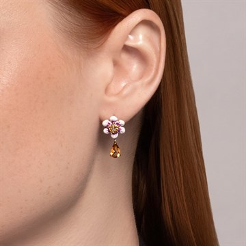 Серьги из серебра с цитрином, эмалью и фианитом