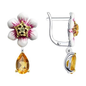 Серьги из серебра с цитрином, эмалью и фианитом