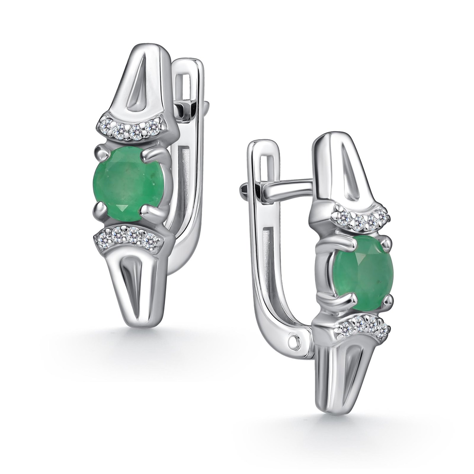 Серьги из серебра с изумрудом и фианитом