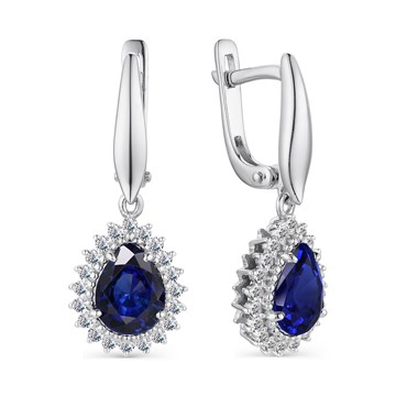 Серьги из серебра Сапфир синтетика и фианитом