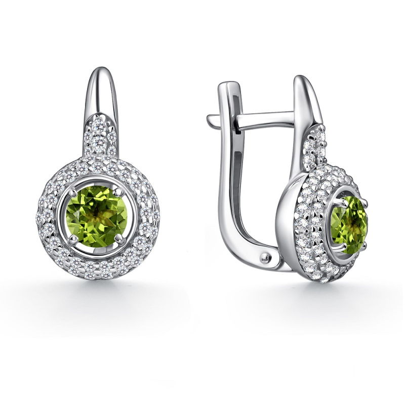Серьги из серебра с хризолитом и фианитом