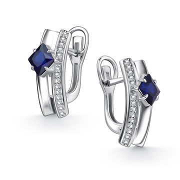 Серьги из серебра Сапфир синтетика и фианитом