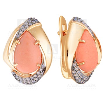 Серьги из золота с кораллом и фианитом