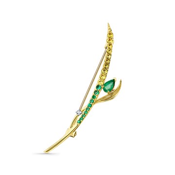 Брошь из лимонного золота с сапфиром, изумрудом и Бриллиантом