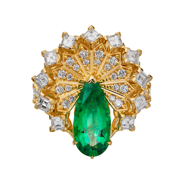 Кольцо из лимонного золота с Бриллиантом и изумрудом