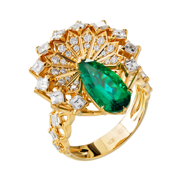 Кольцо из лимонного золота с Бриллиантом и изумрудом