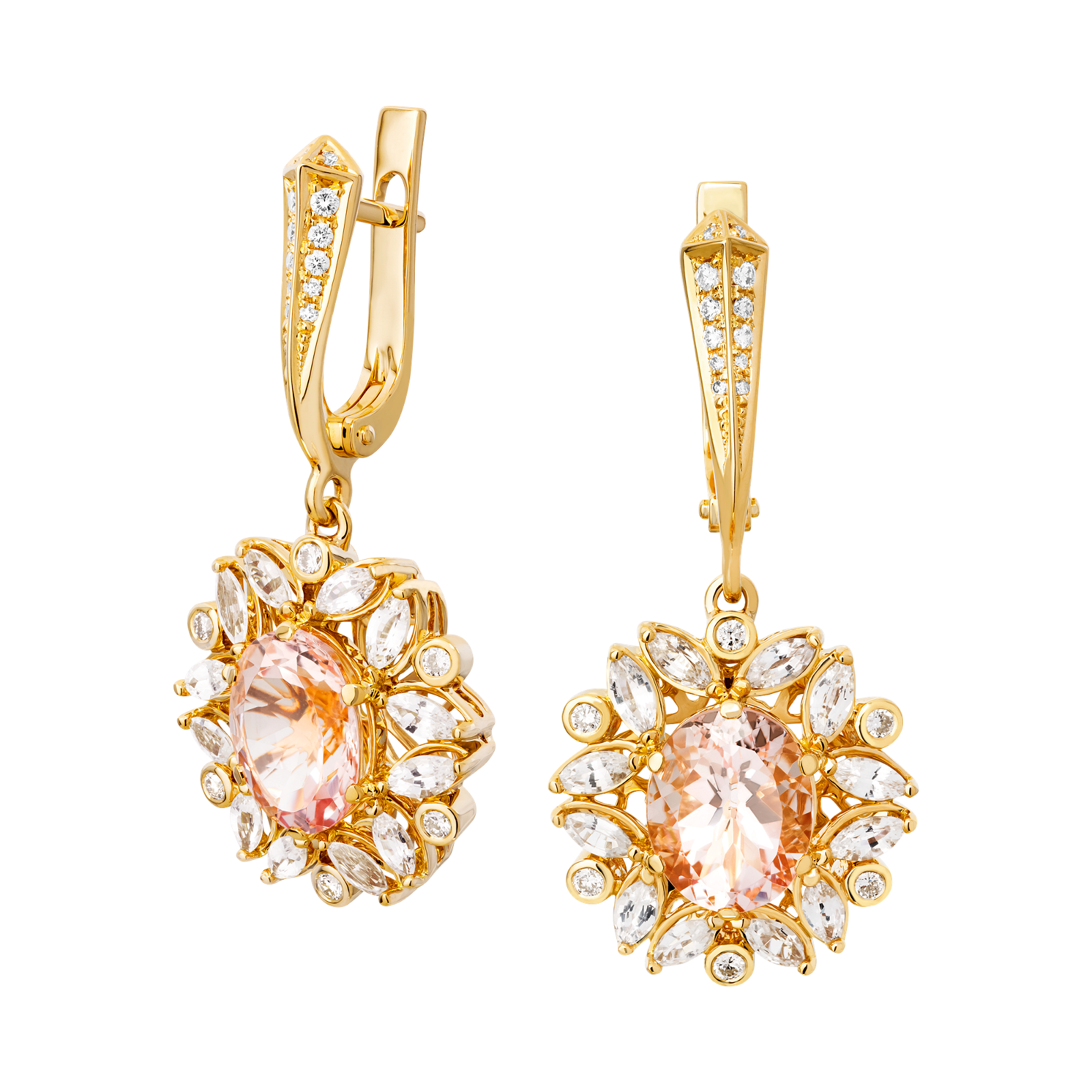 Серьги из лимонного золота с Бриллиантом, Морганитом и сапфиром