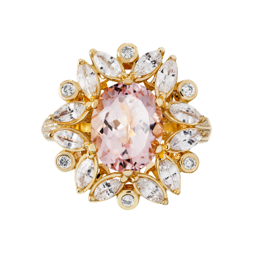 Кольцо из лимонного золота с Бриллиантом, Морганитом и сапфиром