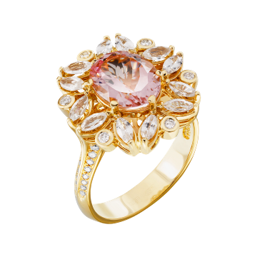 Кольцо из лимонного золота с Бриллиантом, Морганитом и сапфиром