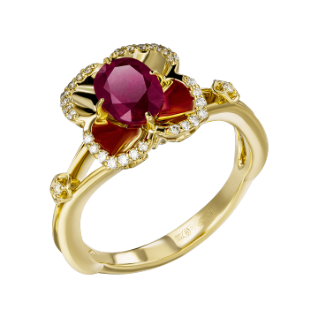 Кольцо из лимонного золота с Бриллиантом и рубином