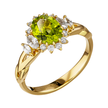 Кольцо из лимонного золота с Бриллиантом, сапфиром и хризолитом