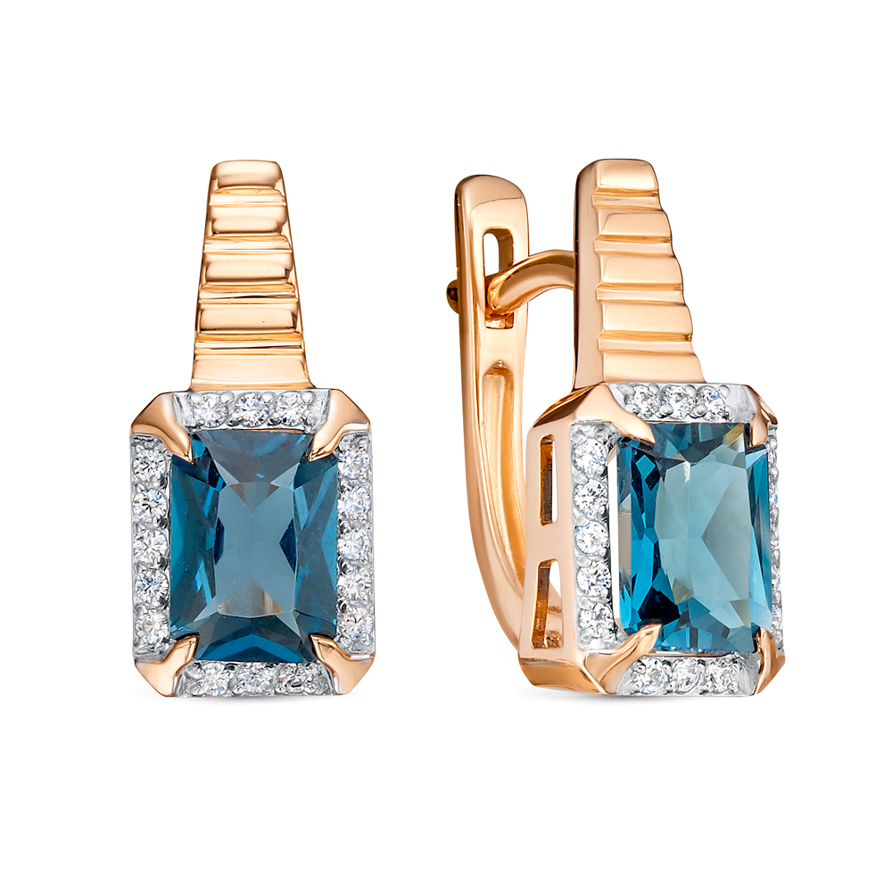 Серьги из белого золота с лондон топазом и фианитом